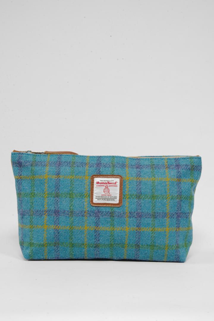 Harris Tweed Toiletries Bag | Teal/Blue Multi Check (Tan) (Small Label)