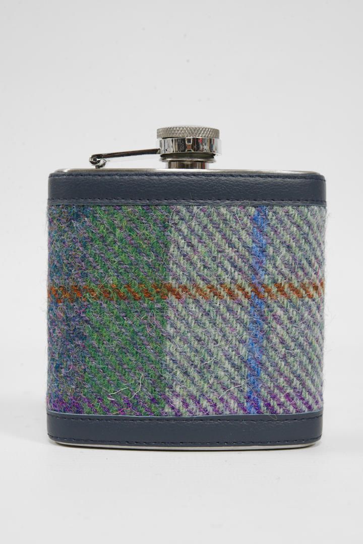 Harris Tweed Hip Flask | A0173 Navy Leather