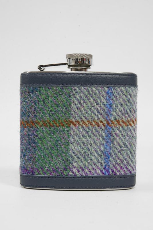 Harris Tweed Hip Flask | A0173 Navy Leather