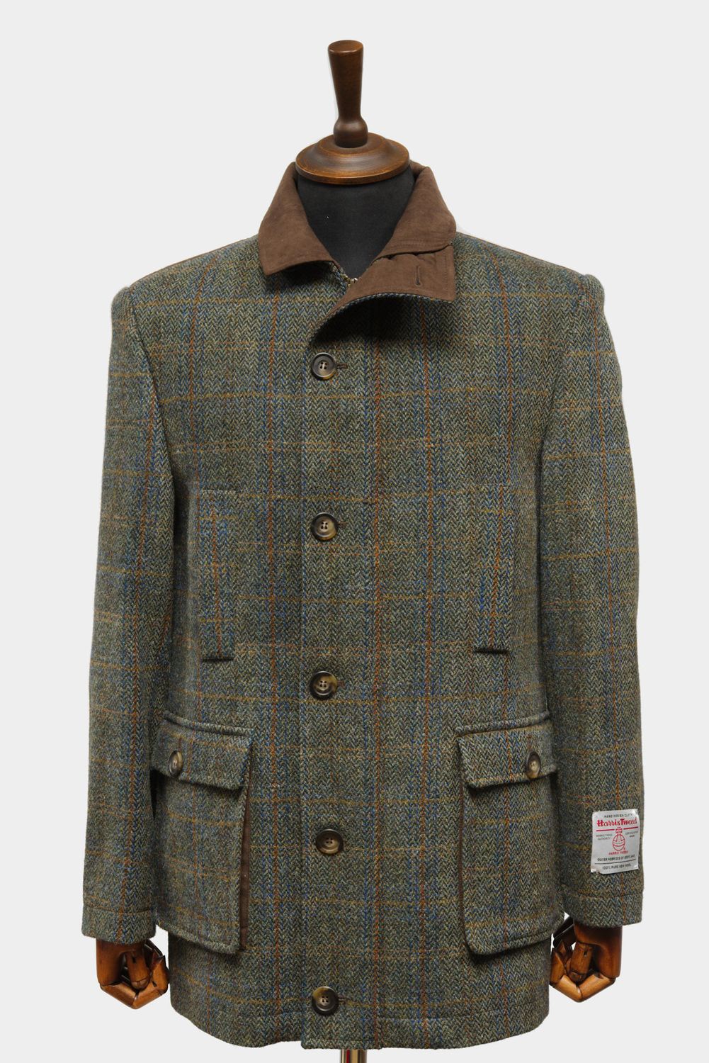 Harris Tweed Boyd Field Coat | Green Herringbone With Overcheck