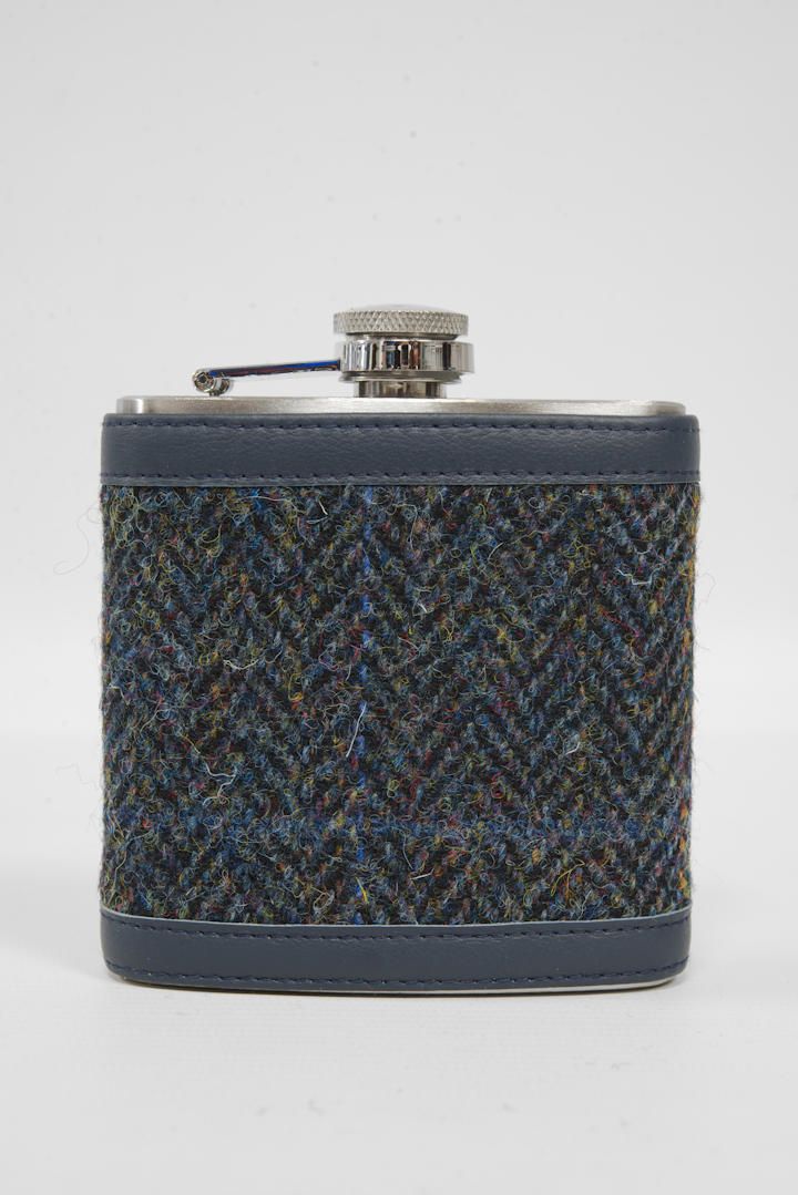 Harris Tweed Hip Flask | A080 Navy Leather