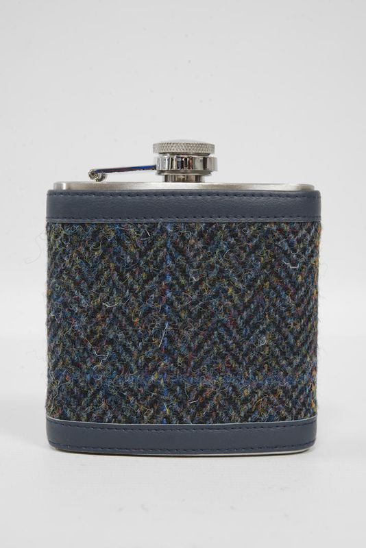 Harris Tweed Hip Flask | A080 Navy Leather