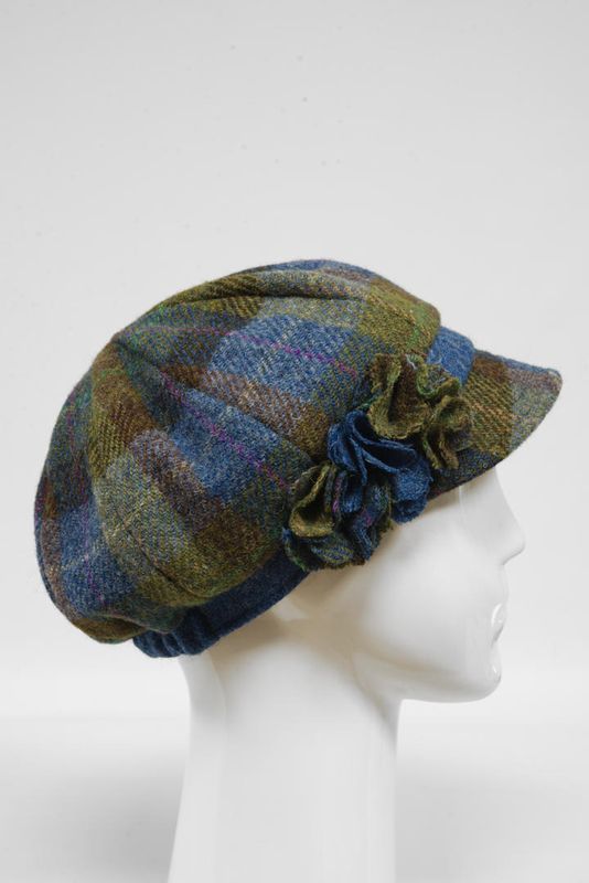 Harris Tweed Ladies Flower Hat | Denim Sage With Blue Band