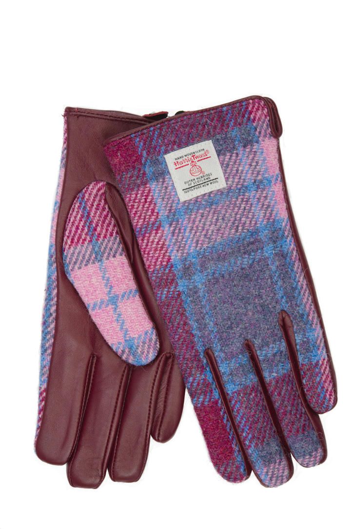 Harris Tweed Ladies Gloves | Pink Blue Check (ISL) (Burgundy Leather)