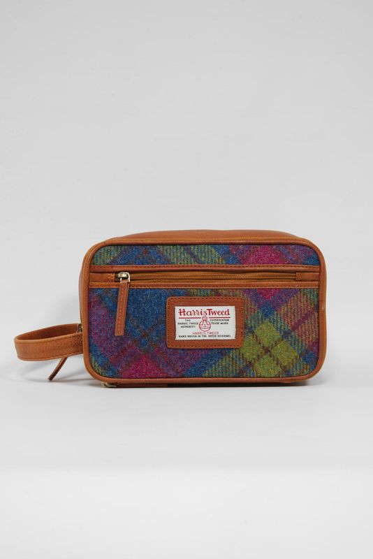 Harris Tweed Large Washbag | A0195 (C) (Tan Leather)