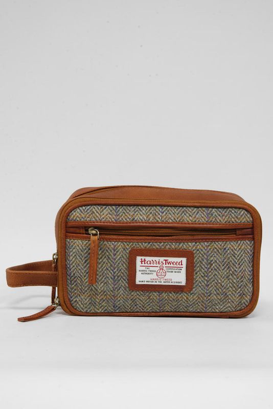 Harris Tweed Large Washbag | HB107 (Tan Leather)