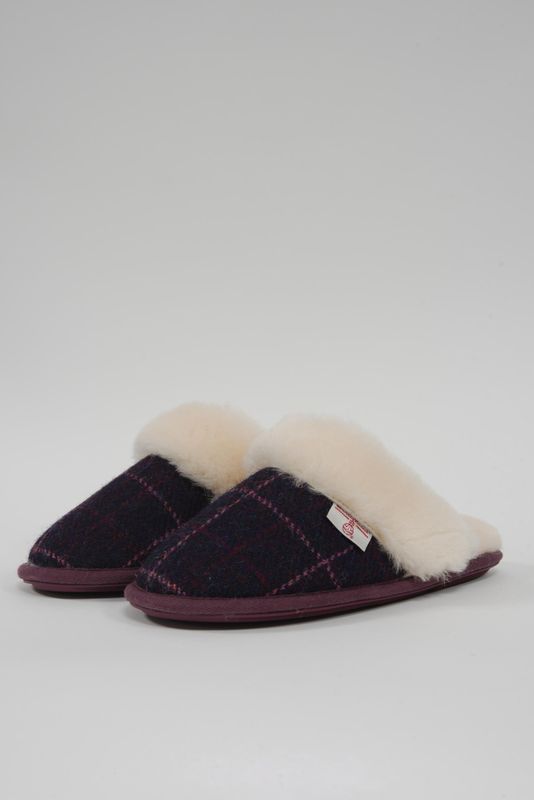 Harris Tweed Kate Slippers | Black Plum Check