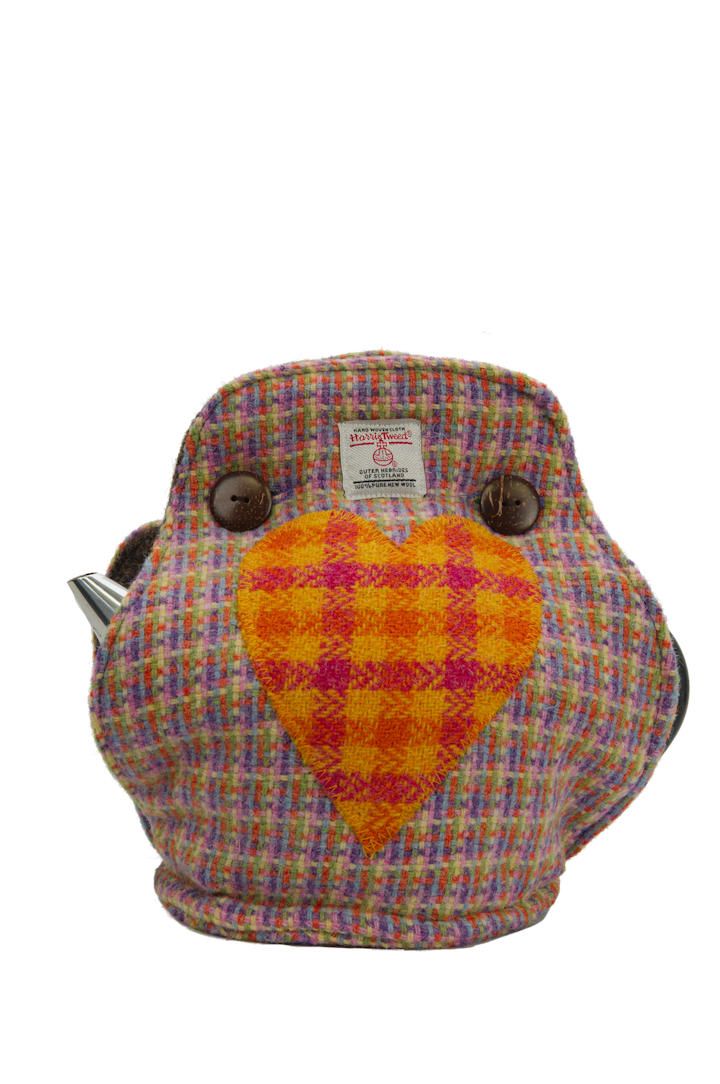 Harris Tweed Tea Cosy Jazzy Weave Orange Check Heart