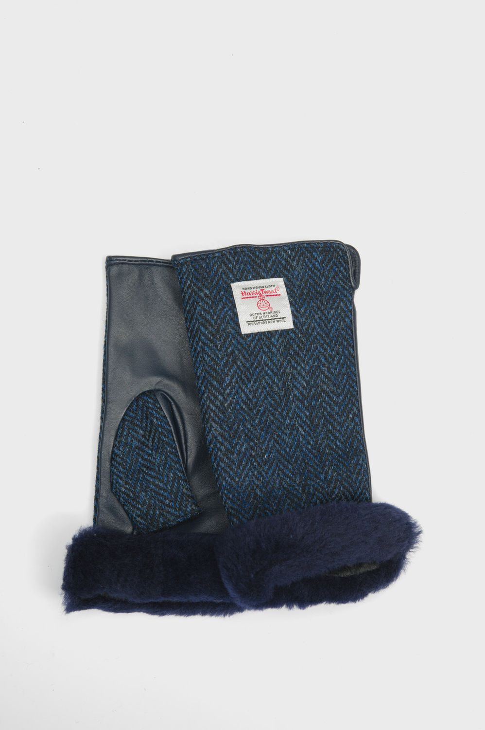 Harris Tweed Ladies Fur Mittens | Navy Herringbone