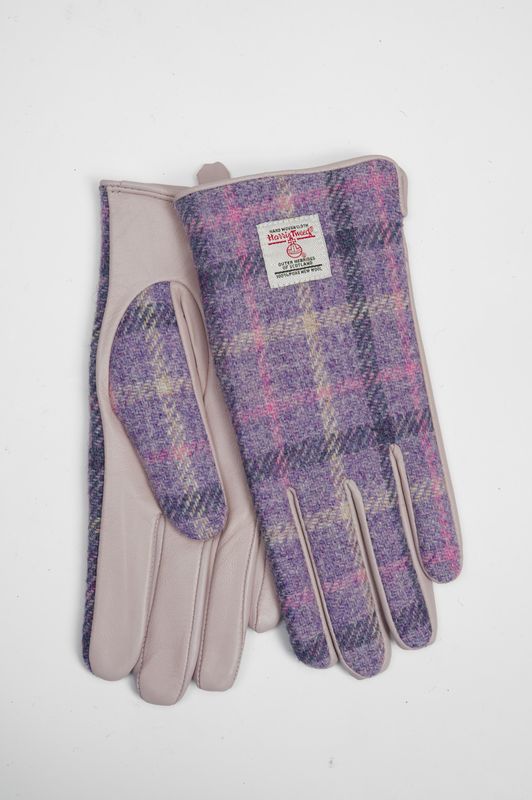 Harris Tweed Ladies Gloves | Purple Tartan (Pale Pink Leather) (ISL)