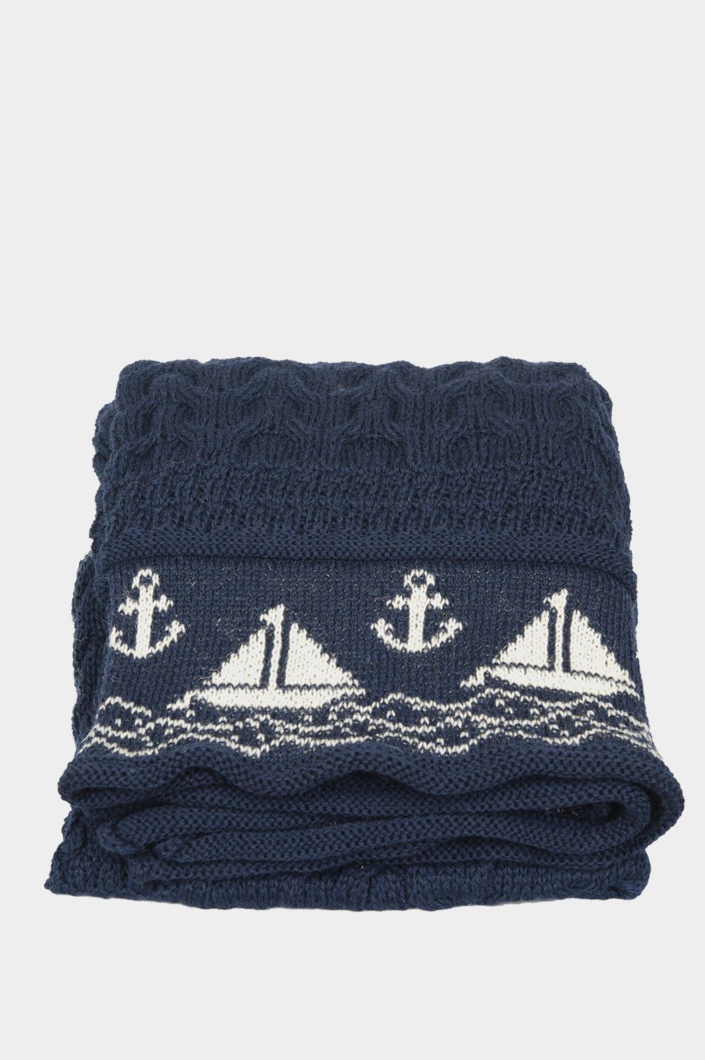 100% Pure Wool Knitted Throw | Boats Navy (White)