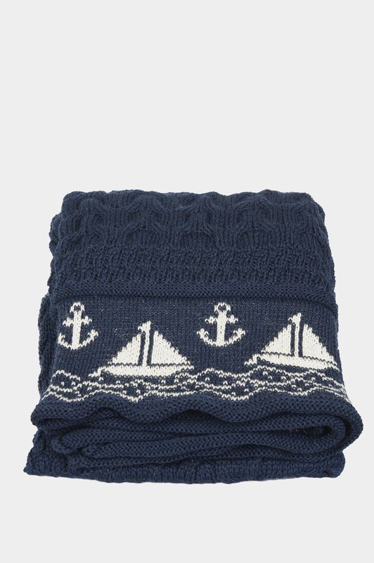 100% Pure Wool Knitted Throw | Boats Navy (White)