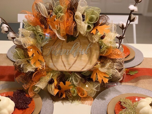 Fall poof wreath with LED lights 14&quot;