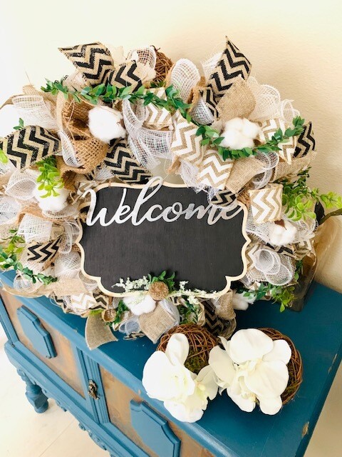 Farmhouse cotton poof wreath 14&quot;