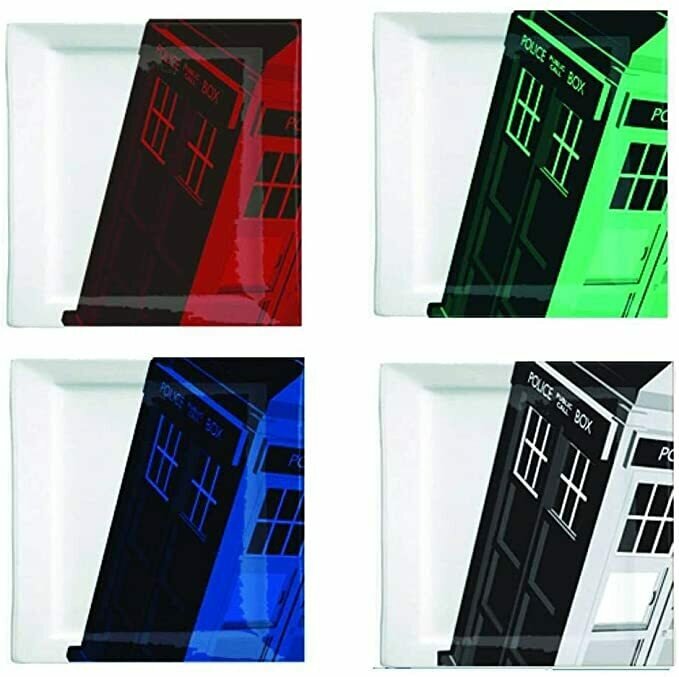 Doctor Who Plate Set - Colorful Square Dr Who TARDIS Plates - 8 x 8 inches - Set of 4