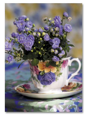 Purple flowers in tea cup