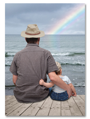 Father and son on dock
