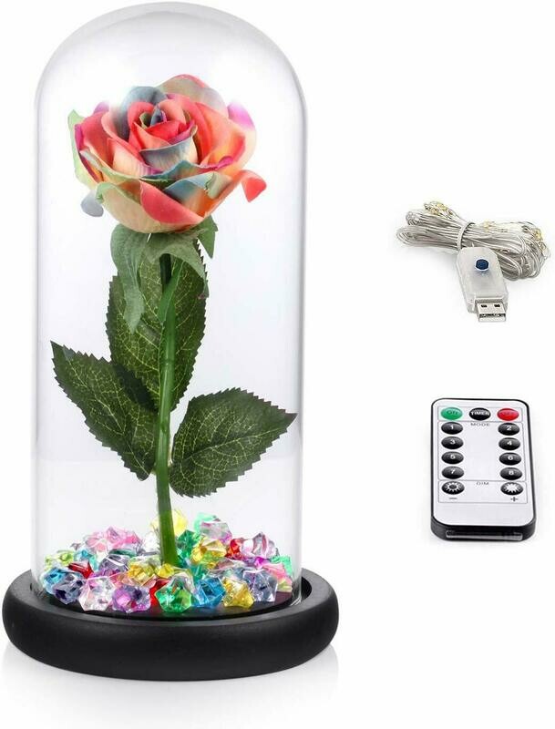 Kit di Rose &#39;&#39;La Bella e la Bestia&#39;&#39;, Colorato Silk Rose e LED Light con Cristalli in Cupola di Vetro su Base in Legno per la Decorazione della casa Anniversario di Matrimonio Festa della Mamma
