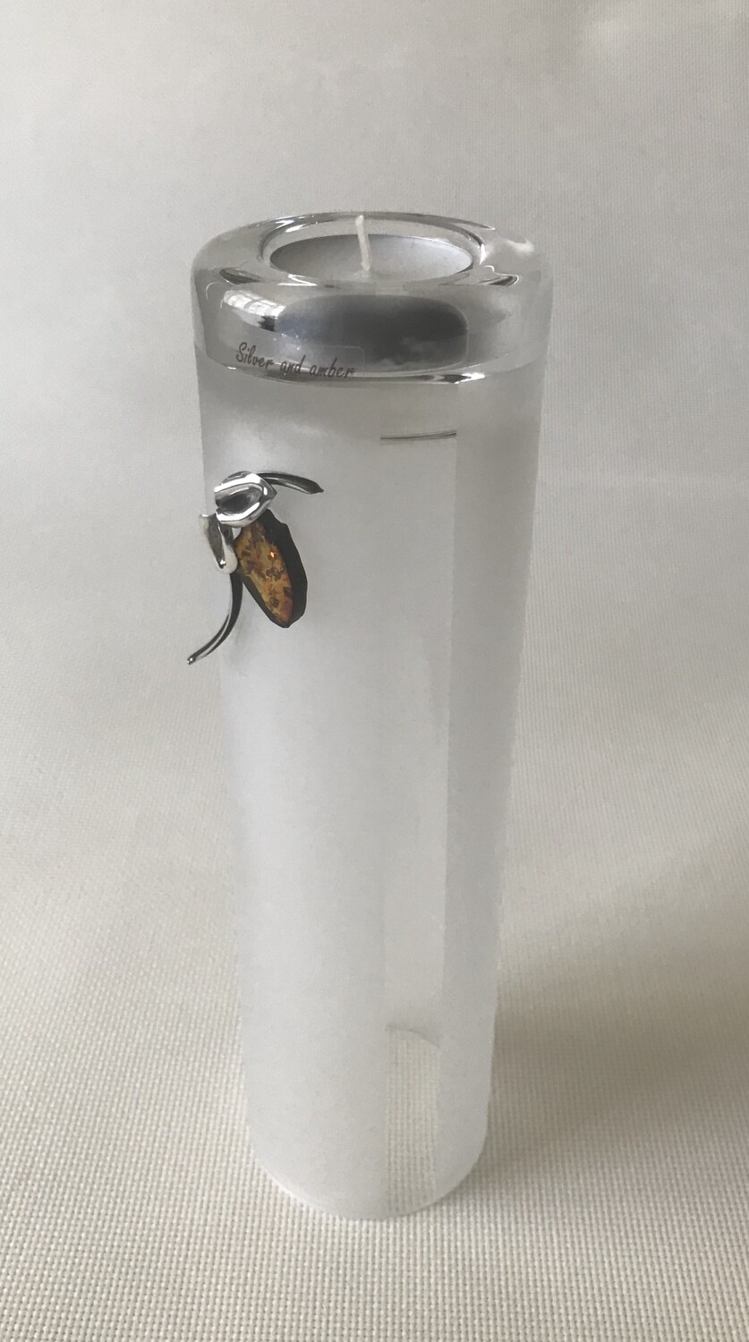 Frosted Glass Vase and Candle Holder with  Silver and Amber Flower motif. Two ways use. Tube cylinder shape. Height 25cm.