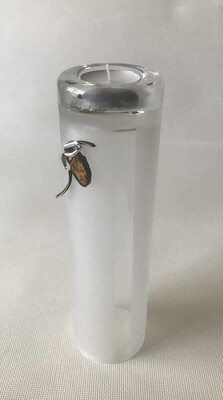 Frosted Glass Vase and Candle Holder with  Silver and Amber Flower motif. Two ways use. Tube cylinder shape. Height 25cm.