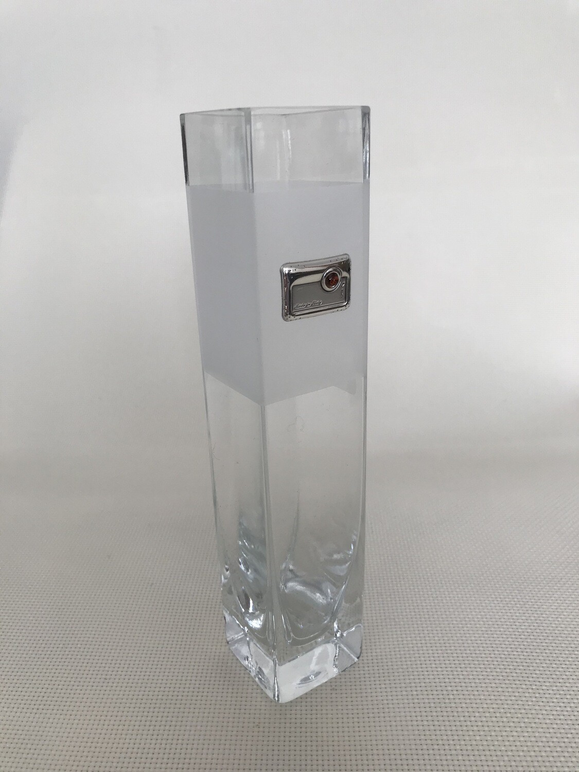 Frosted Glass Vase with Silver and Amber Square Pattern. Square vase. Height 20cm.