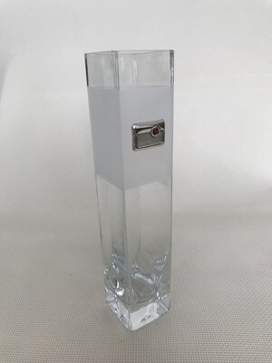 Frosted Glass Vase with Silver and Amber Square Pattern. Square vase. Height 20cm.