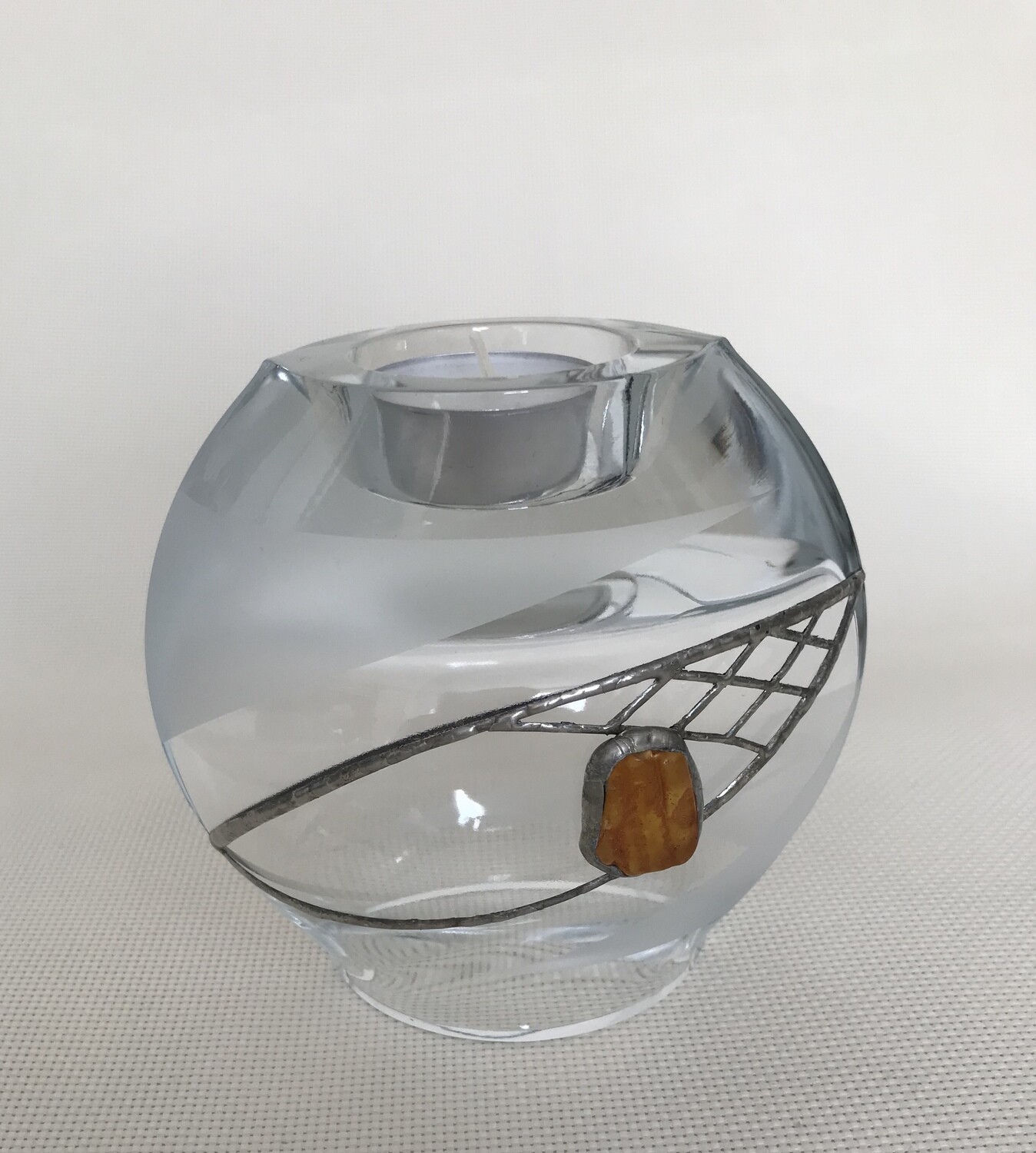 Frosted Glass Vase and Candle Holder with Tin and Amber. Two ways use. Moon shape. Height 12cm.