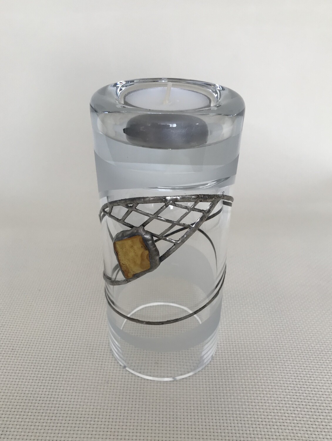 Frosted Glass Vase and Candle Holder with Tin and Amber.Two ways use. Cylinder shape. Height 15cm.