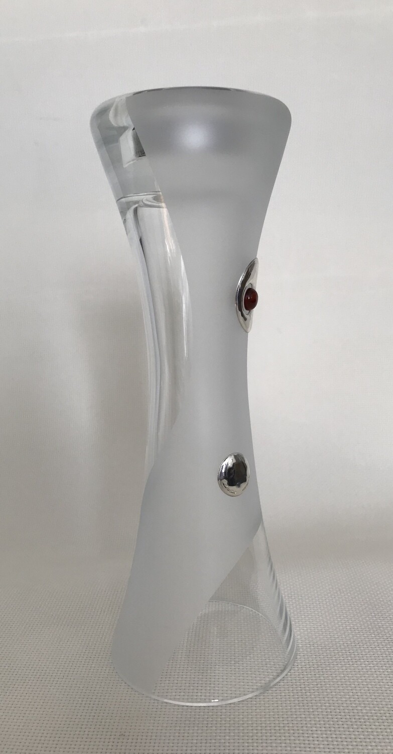 Frosted Glass Vase and Candle Holder with Silver and Amber circular motifs. Two way use glass. Height 25 cm.