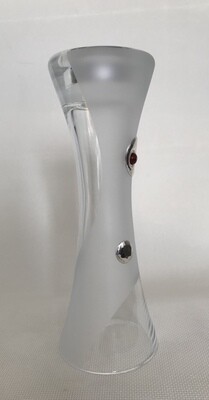 Frosted Glass Vase and Candle Holder with Silver and Amber circular motifs. Two way use glass. Height 25 cm.