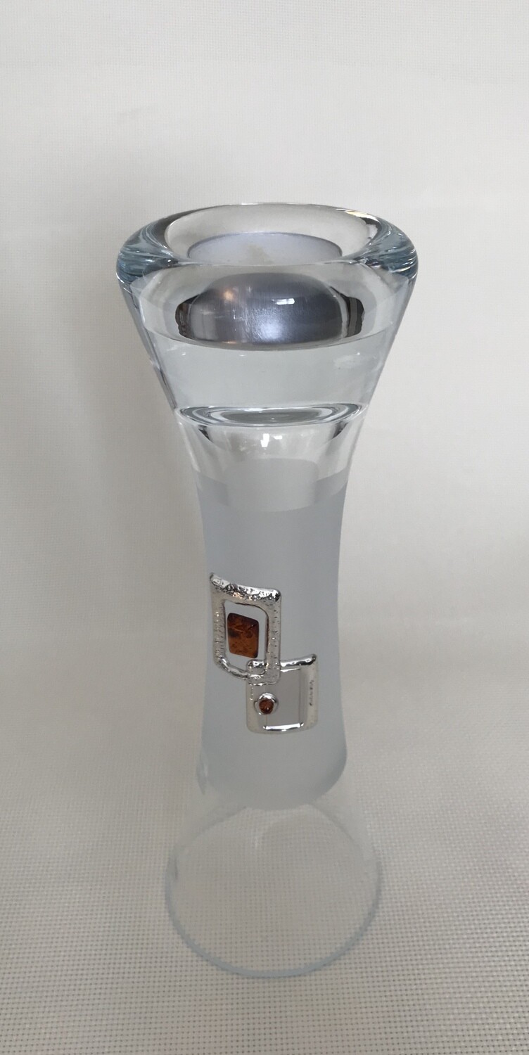 Frosted Glass Vase and Candle Holder with Silver and Amber square motifs. Two way use glass. Height 25 cm.