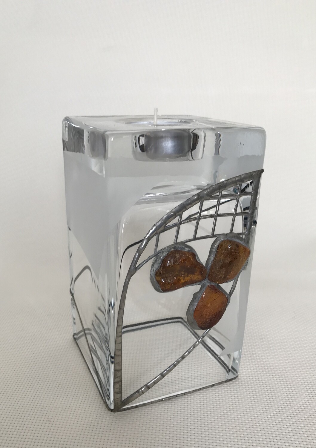 Frosted Glass Vase and Candle Holder with Tin and Amber. Height 15cm.