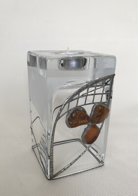 Frosted Glass Vase and Candle Holder with Tin and Amber. Height 15cm.