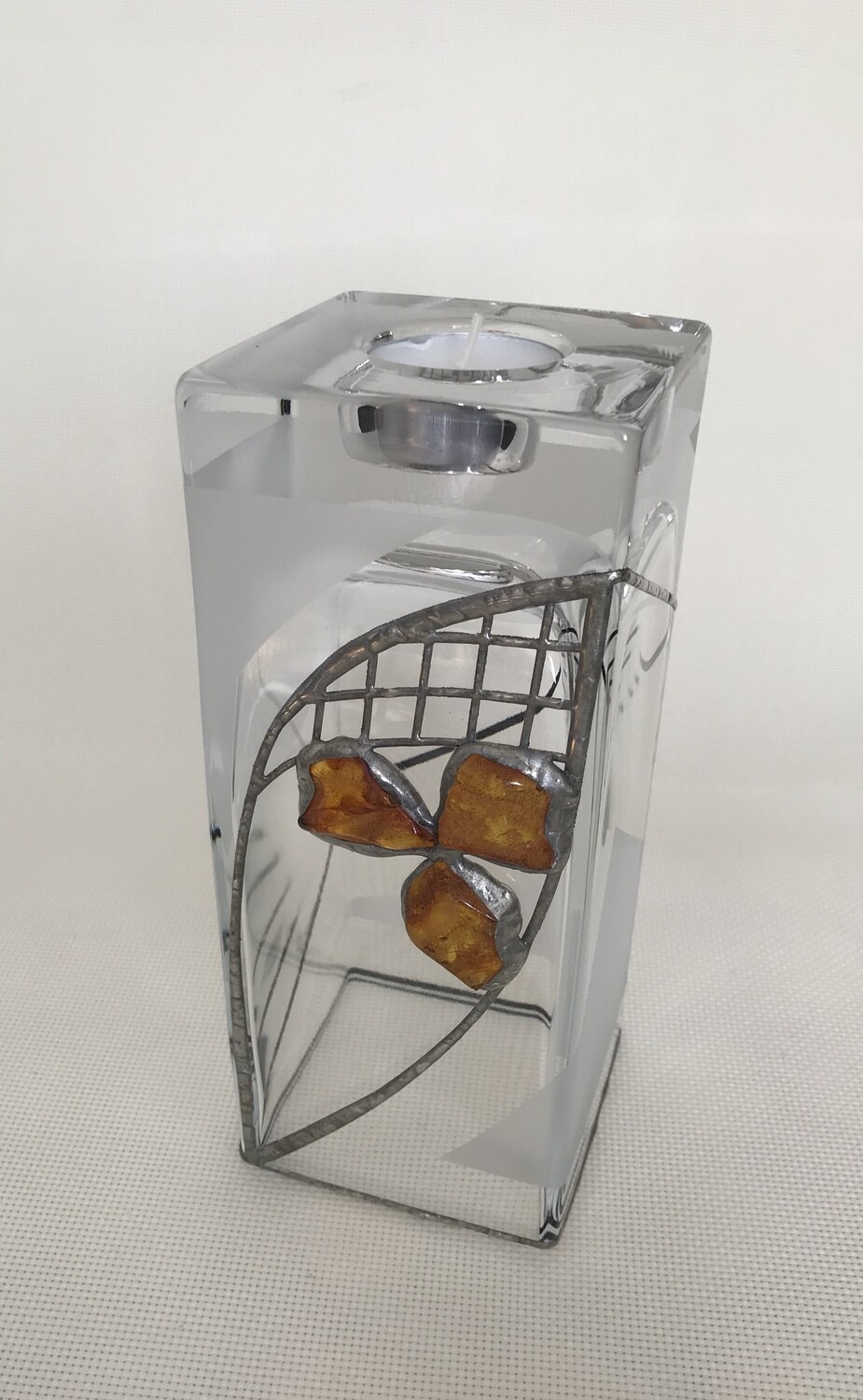 Frosted Glass Vase and Candle Holder with Tin and Amber. Two ways use. Square tall block. Height 20cm.