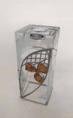 Frosted Glass Vase and Candle Holder with Tin and Amber. Two ways use. Square tall block. Height 20cm.