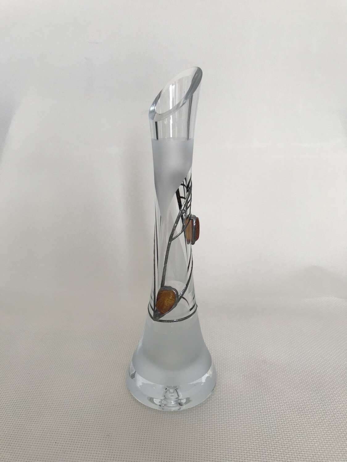 Frosted Glass Vase decorated with Tin and Amber. Tower shape. Height 26cm.