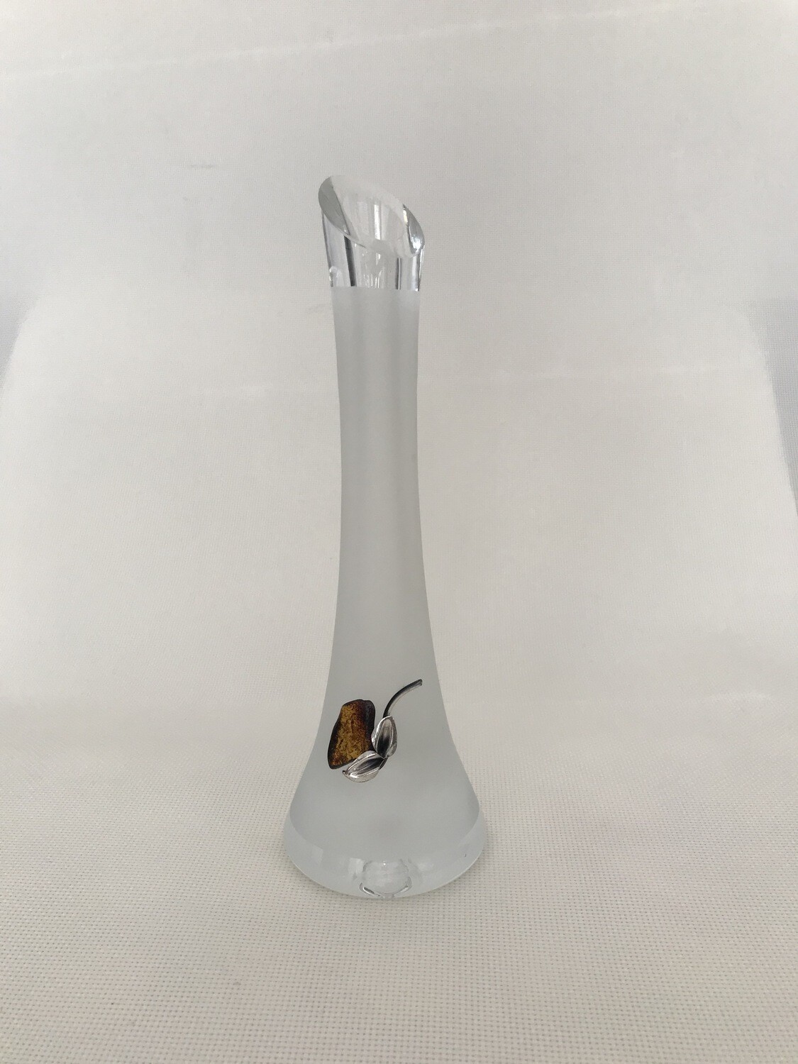 Glass Vase with  Silver and Amber Flower motif .Tower shape. Height 25cm.
