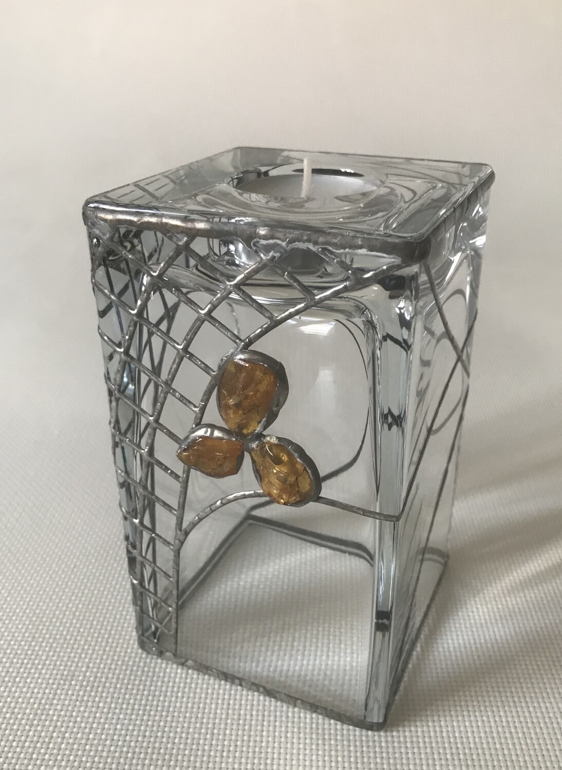 Glass Vase and Candle Holder with Tin and Amber. Height 15cm.