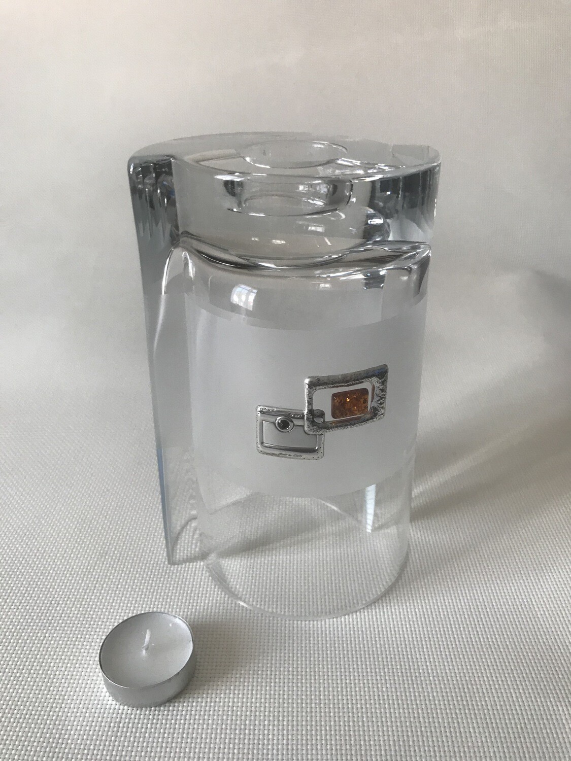 Frosted Glass Vase and Candle Holder with Silver and Amber Squares motif . Two ways use. Semi circular shape. Height 20cm.