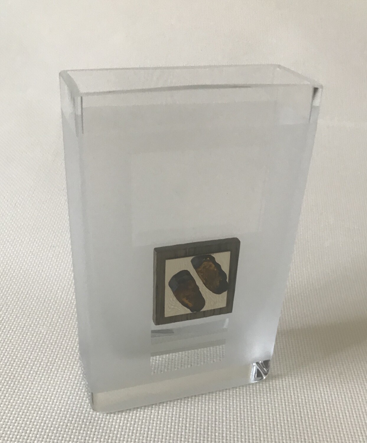 Frosted Glass Vase with  Silver and Amber Tree motif. Cubic shape. Height 16cm.