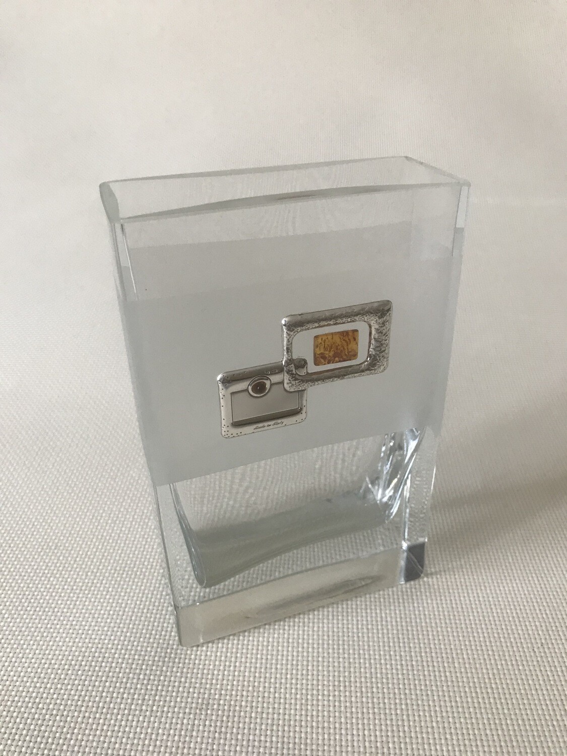 Frosted Glass Vase with  Silver and Amber Square Pattern. Rectangular shape. Height 16cm.