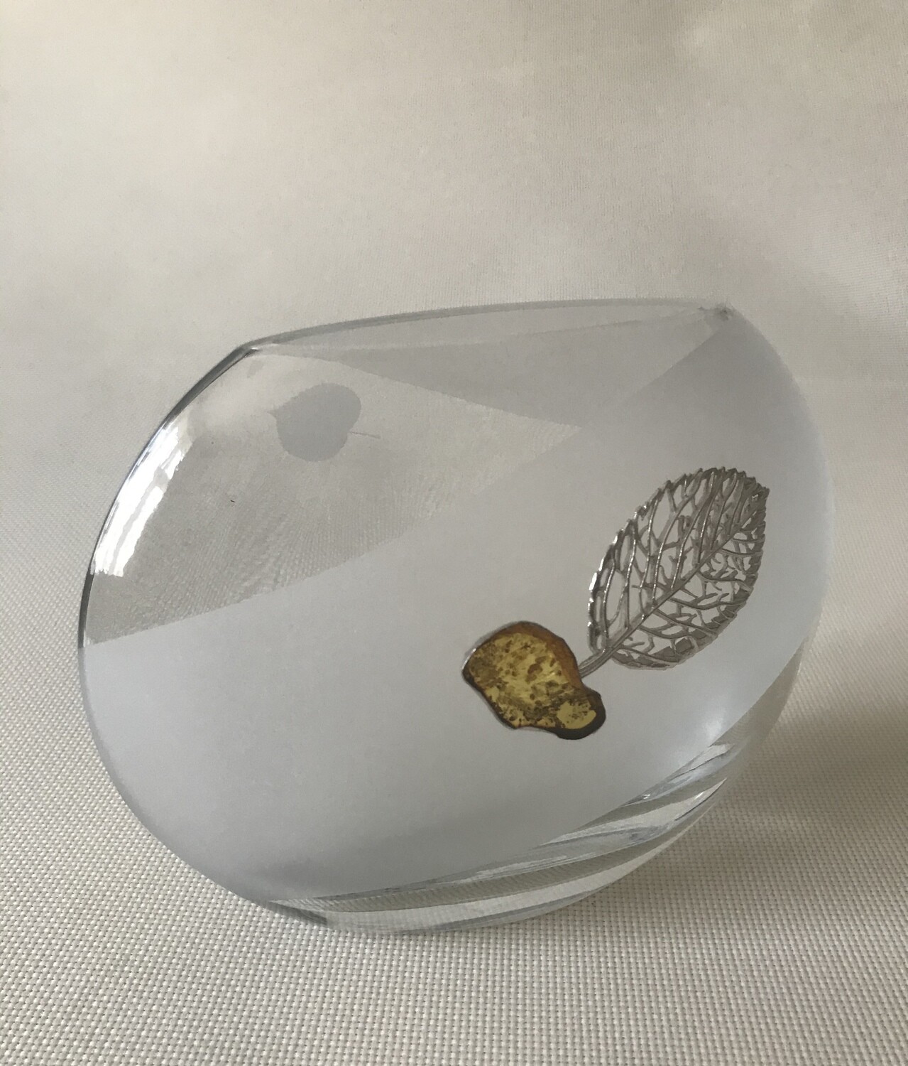 Frosted Glass Vase with  Silver and Amber Tree motif . Moonlight shape. Height 15cm.