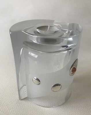 Frosted Glass Vase and Candle Holder with Silver and Amber circular motifs. Two way use glass. Height 15 cm.