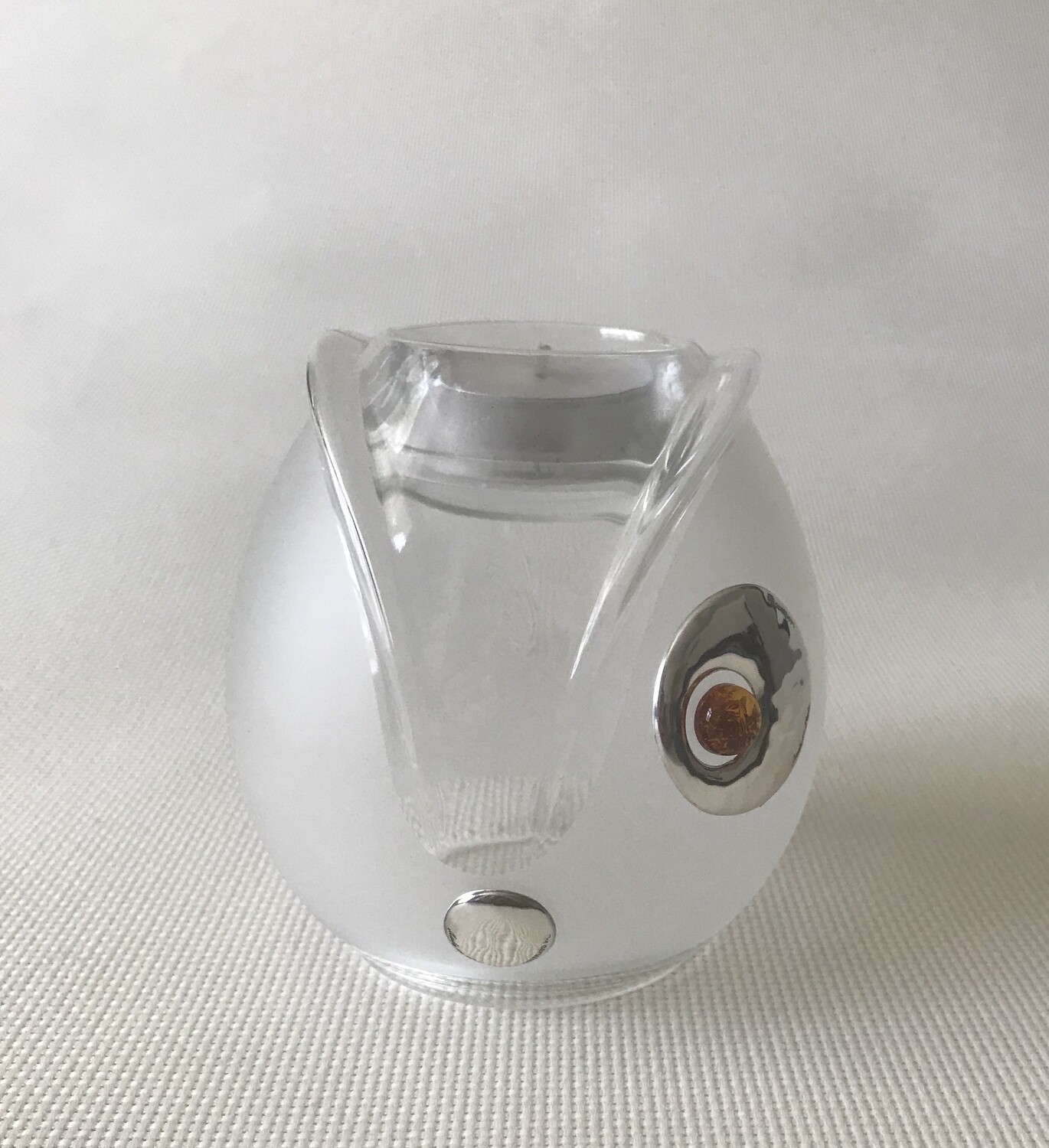 Frosted Glass Vase and Candle Holder with Silver and Amber circular motifs. Two way use glass. Height 10 cm.
