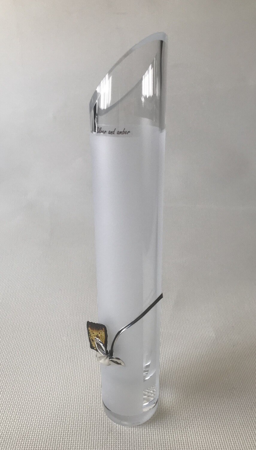 Glass Vase with Silver and Amber Tree motif. Angle cut cylinder shape. Height 30cm.
