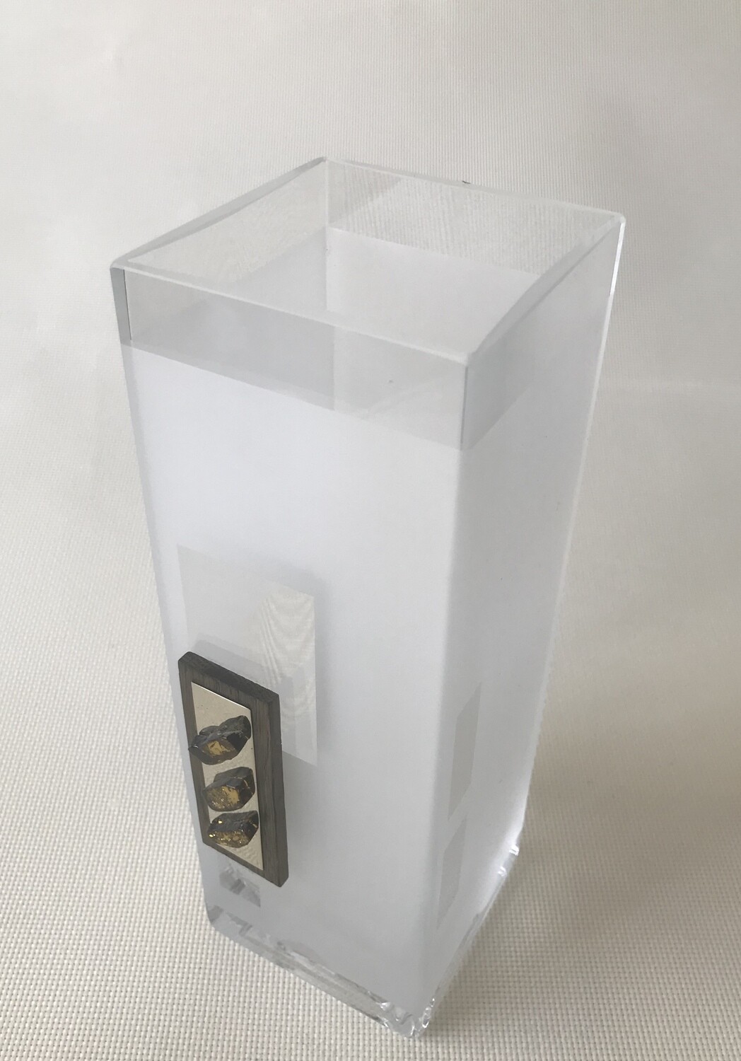 Glass Vase decorated with  Wood, Argentan and Amber rectangular pattern. Square block shape. Height 25cm.