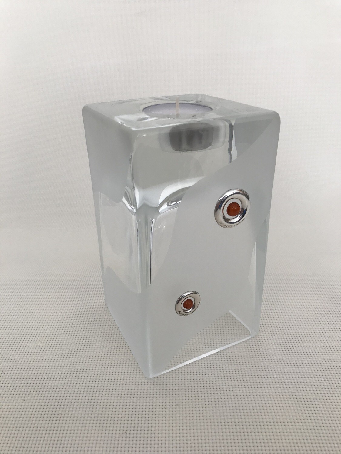 Frosted Glass Vase and Candle Holder with Silver and Amber circular motifs. Two way use glass. Square block shape. Height 15 cm.