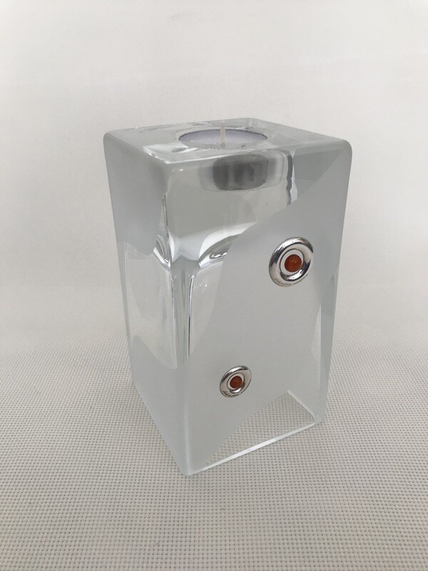 Frosted Glass Vase and Candle Holder with Silver and Amber circular motifs. Two way use glass. Square block shape. Height 15 cm.