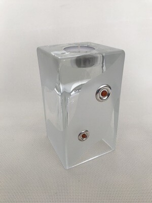 Frosted Glass Vase and Candle Holder with Silver and Amber circular motifs. Two way use glass. Square block shape. Height 15 cm.