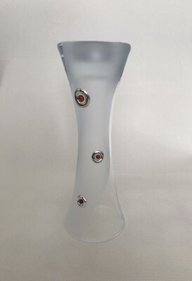 Frosted Glass Vase and Candle Holder with Silver and Amber circular motifs. Two way use glass. Height 25 cm.